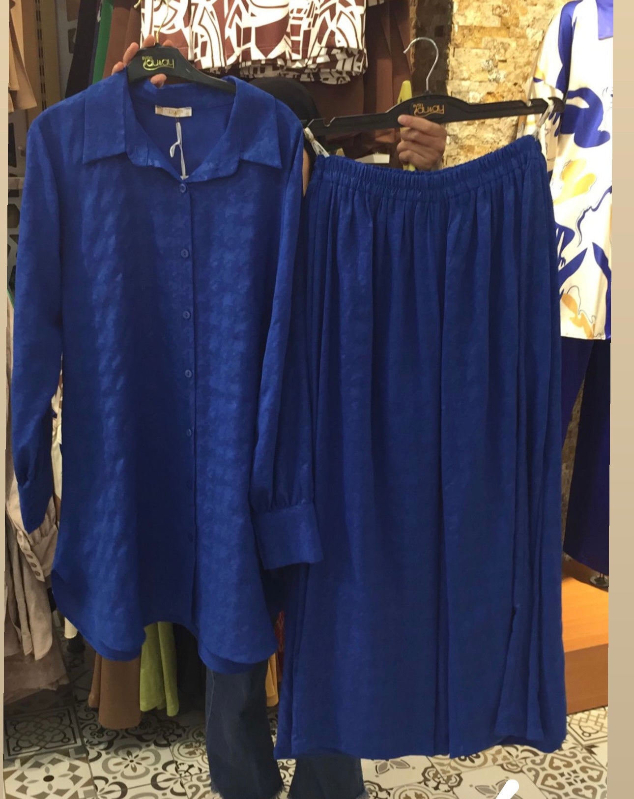 Plus Size Plain Blue Suit: Buttoned shirt + Wide Leg Pants