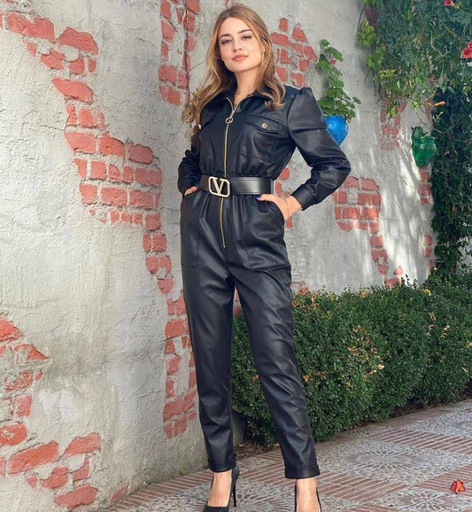 Leather Jumpsuit With Valentino Leather Belt With Gold Metal