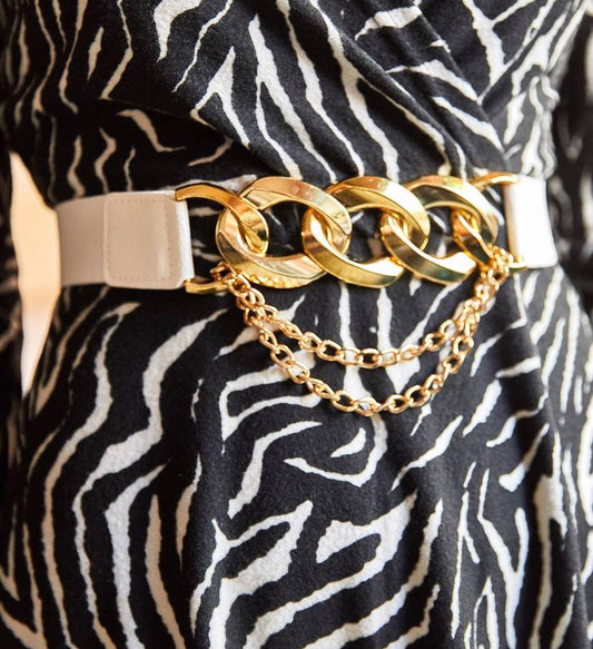 White Leather Belt With Golden Chain Shaped Metal