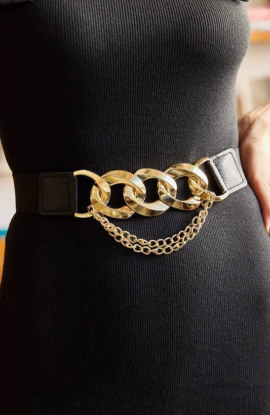 Black Leather Belt With Golden Chain Shaped Metal