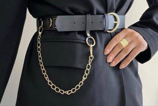 Black Leather Belt With Metal & Rings Chain