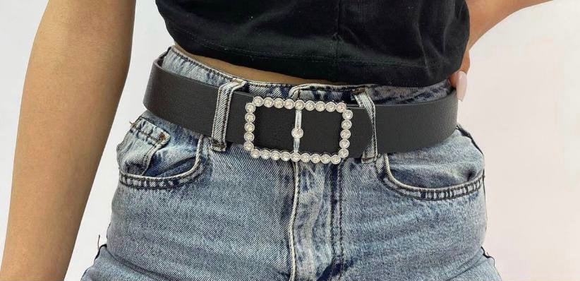 Black Leather Belt With Stone Decorated Metal