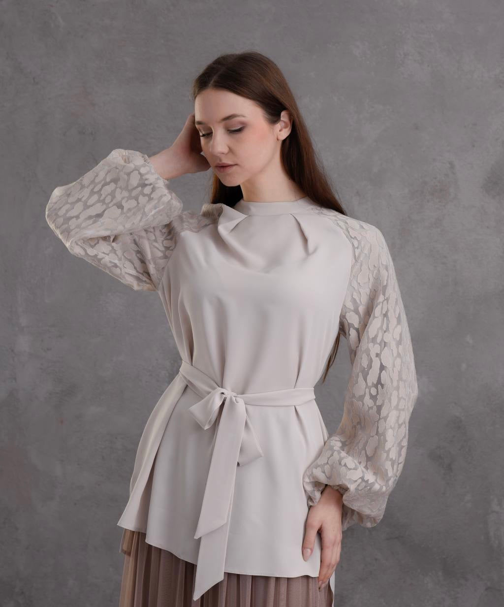 Summer Shirt With Embossed Chiffon Sleeves + Belt