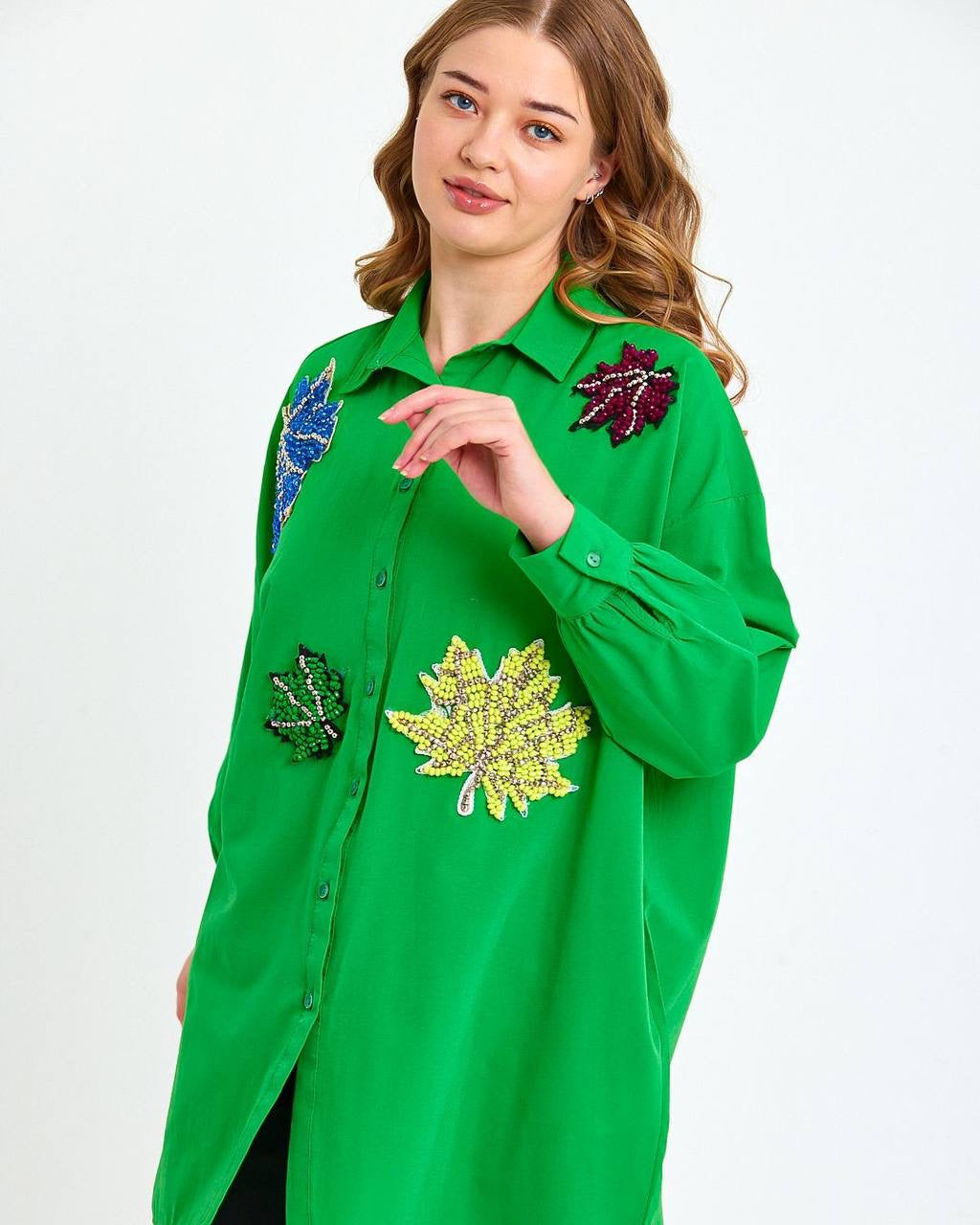 Green Shirt With Handmade Embedded Crystals & Pearls In Tree Leaves Shapes