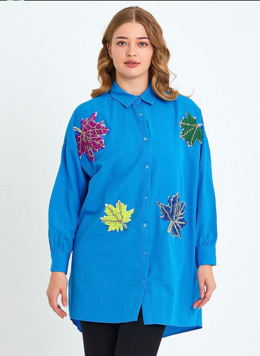 Blue Shirt With Handmade Embedded Crystals & Pearls In Tree Leaves Shapes