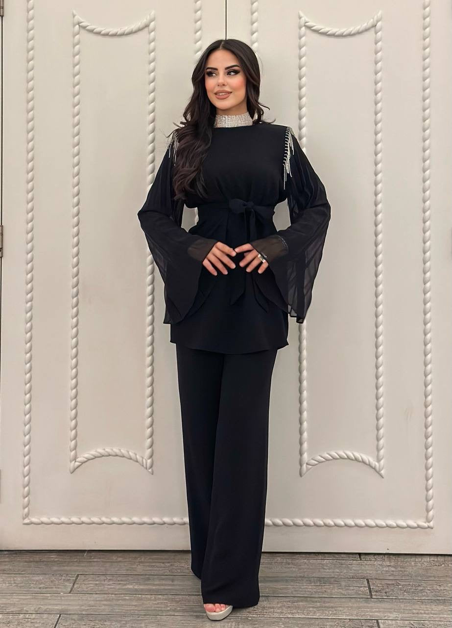 Black Set With Lined Chiffon Butterfly Sleeves