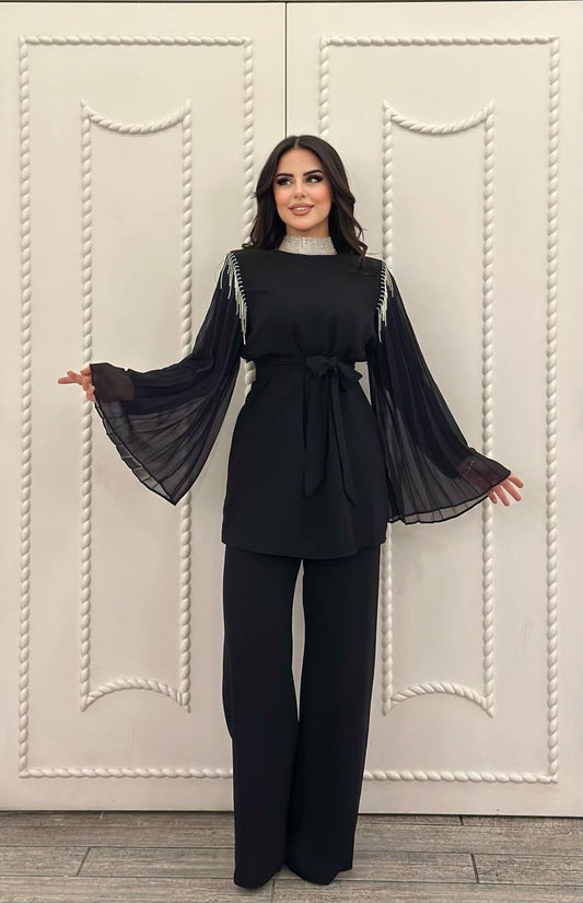 Black Set With Lined Chiffon Butterfly Sleeves