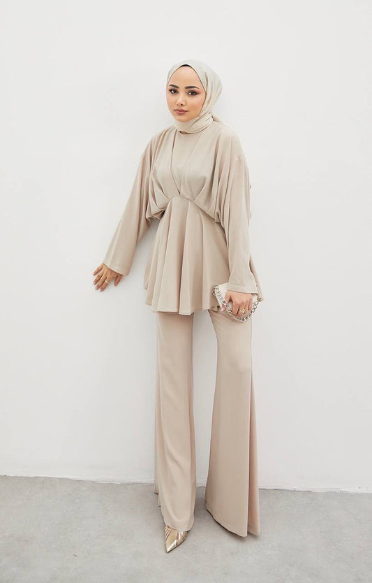 Beige Summer Suit Set: Butterfly Tunic + Wide Leg Pants