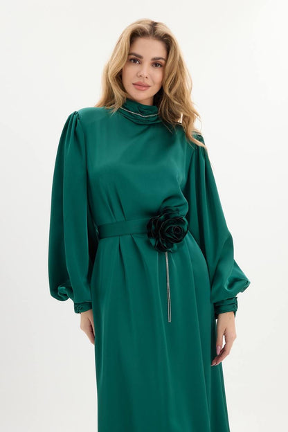 Satin Dress Designed With A Rose Brooch With Crystals On The Neck