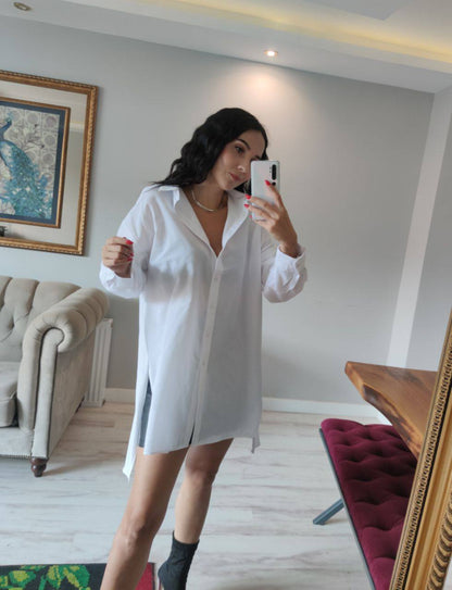 White Oversized Long Shirt With Side Slits