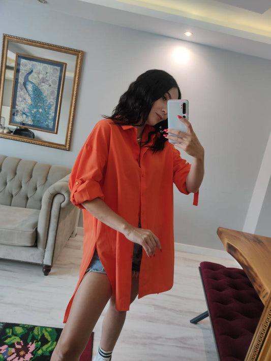 Orange Oversized Long Shirt With Side Slits