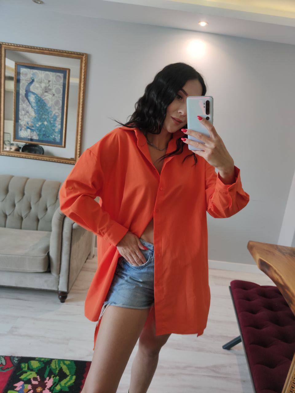 Orange Oversized Long Shirt With Side Slits