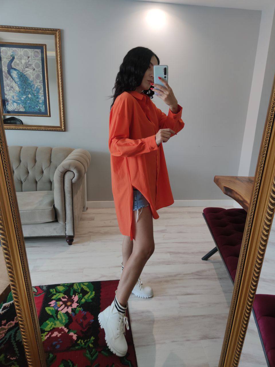 Orange Oversized Long Shirt With Side Slits