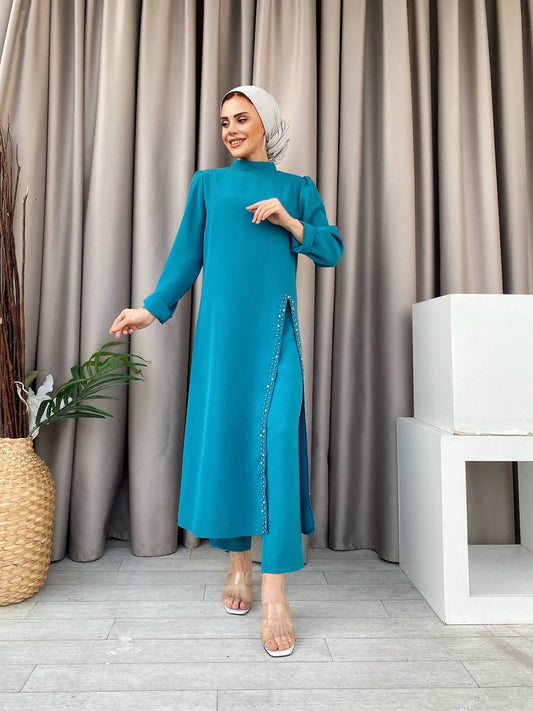 Long Tunic Set With Beaded Side Skirt + Pants