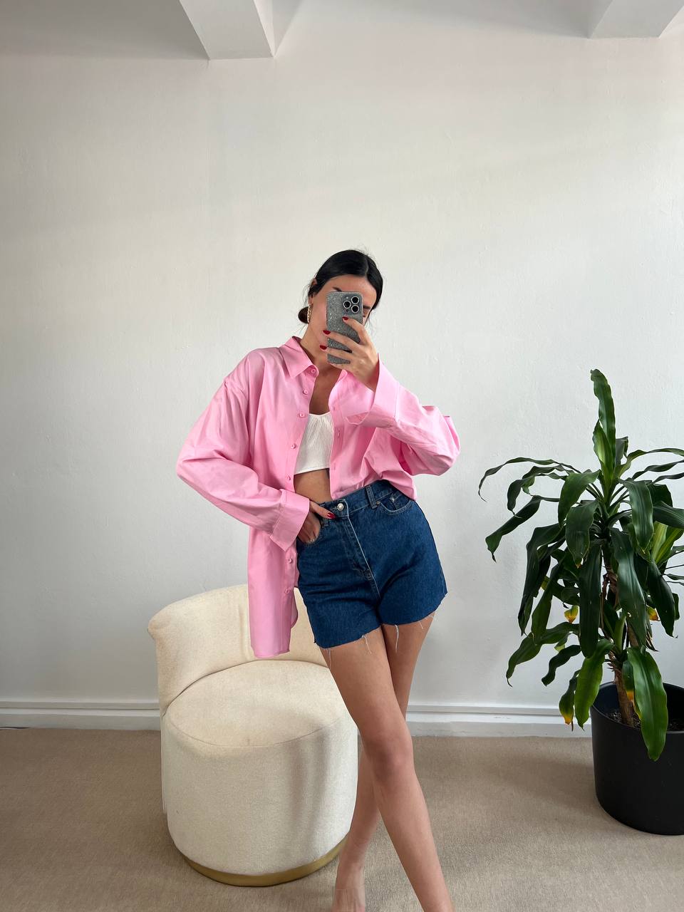 Pink Oversized Long Shirt With Side Slits