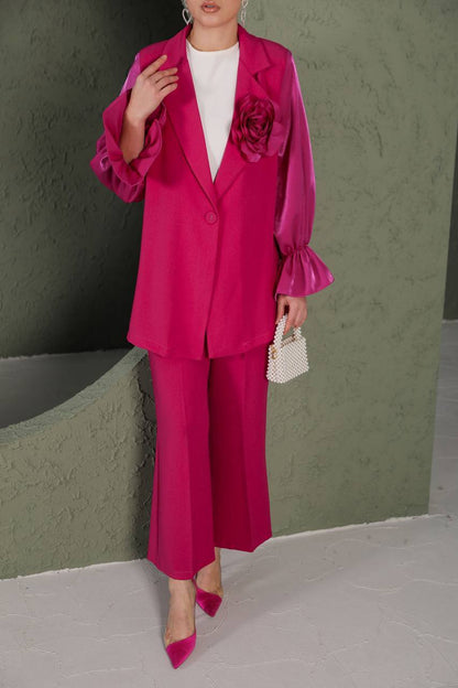 Pink Set : Blazer & Pants With Trendy Flower Brooch