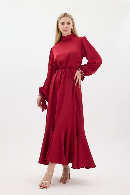 Red Dress Designed With Stones On The Sleeves