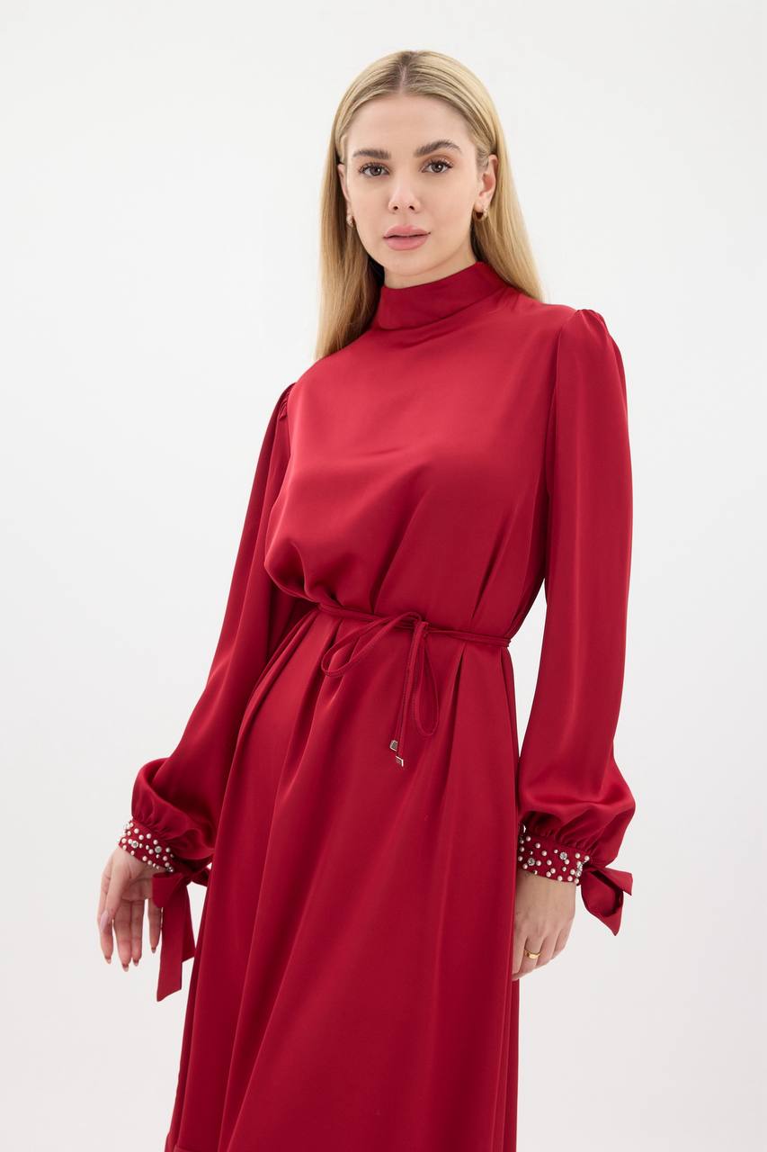 Red Dress Designed With Stones On The Sleeves