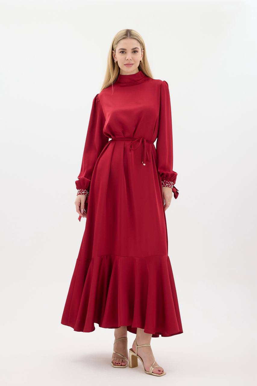 Red Dress Designed With Stones On The Sleeves