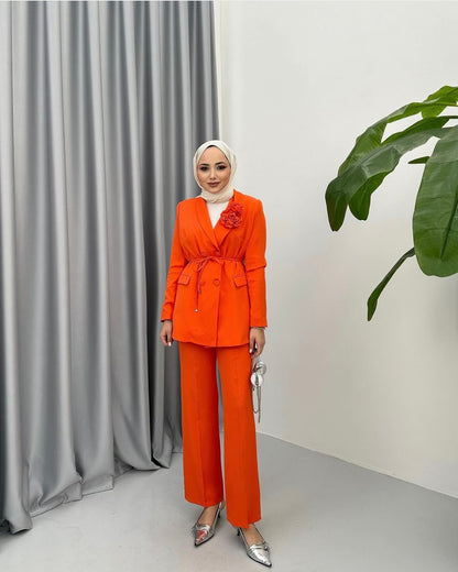 Full Orange Set : Blazer & Pants With two flowers Trendy brooch