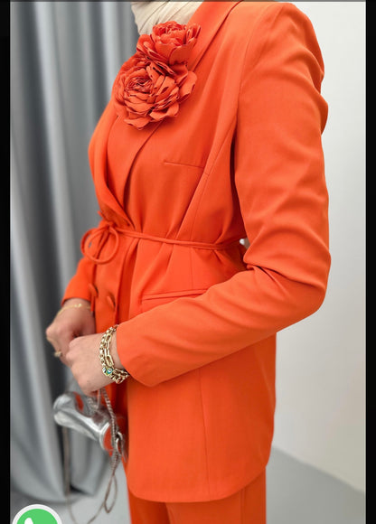 Full Orange Set : Blazer & Pants With two flowers Trendy brooch