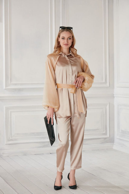 Summer Suit Set: Button-Up Shirt With Lined Chiffon Sleeves + Pants + Chiffon Belt