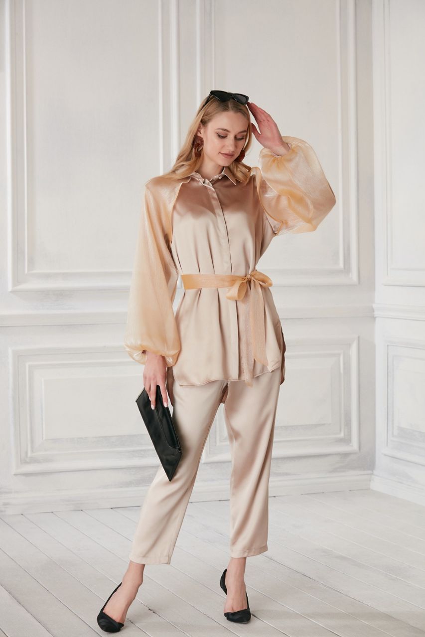 Summer Suit Set: Button-Up Shirt With Lined Chiffon Sleeves + Pants + Chiffon Belt