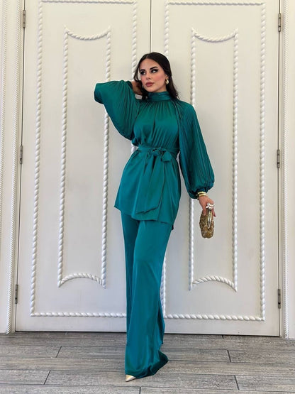 Full Green Satin Set - Wide Sleeves & Wide Pants