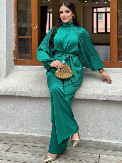 Full Green Satin Set - Wide Sleeves & Wide Pants