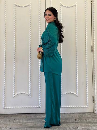 Full Green Satin Set - Wide Sleeves & Wide Pants