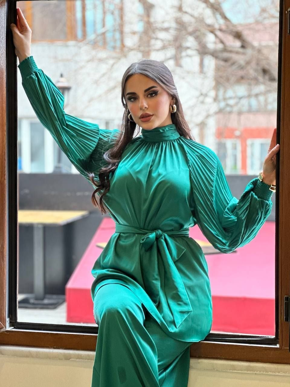 Full Green Satin Set - Wide Sleeves & Wide Pants