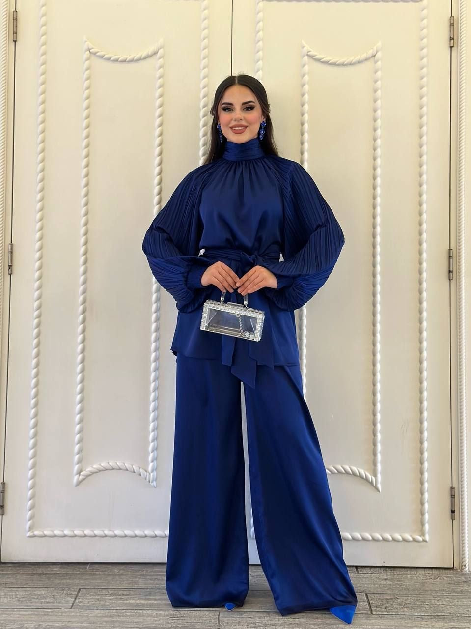 Full Navy Blue Satin Set - Wide Sleeves & Wide Pants