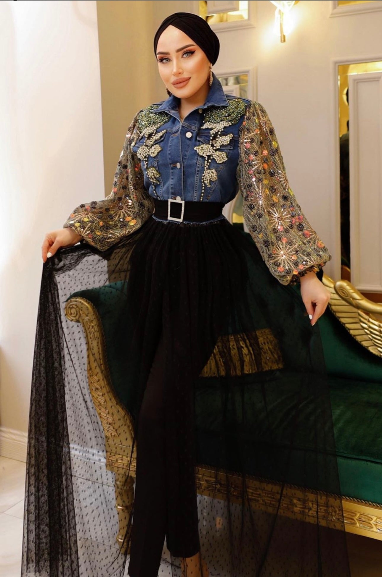 Green Fully Hand-Woven Stone Denim Jacket With Chiffon Sleeves + Attached Lace Skirt + Crystal Belt