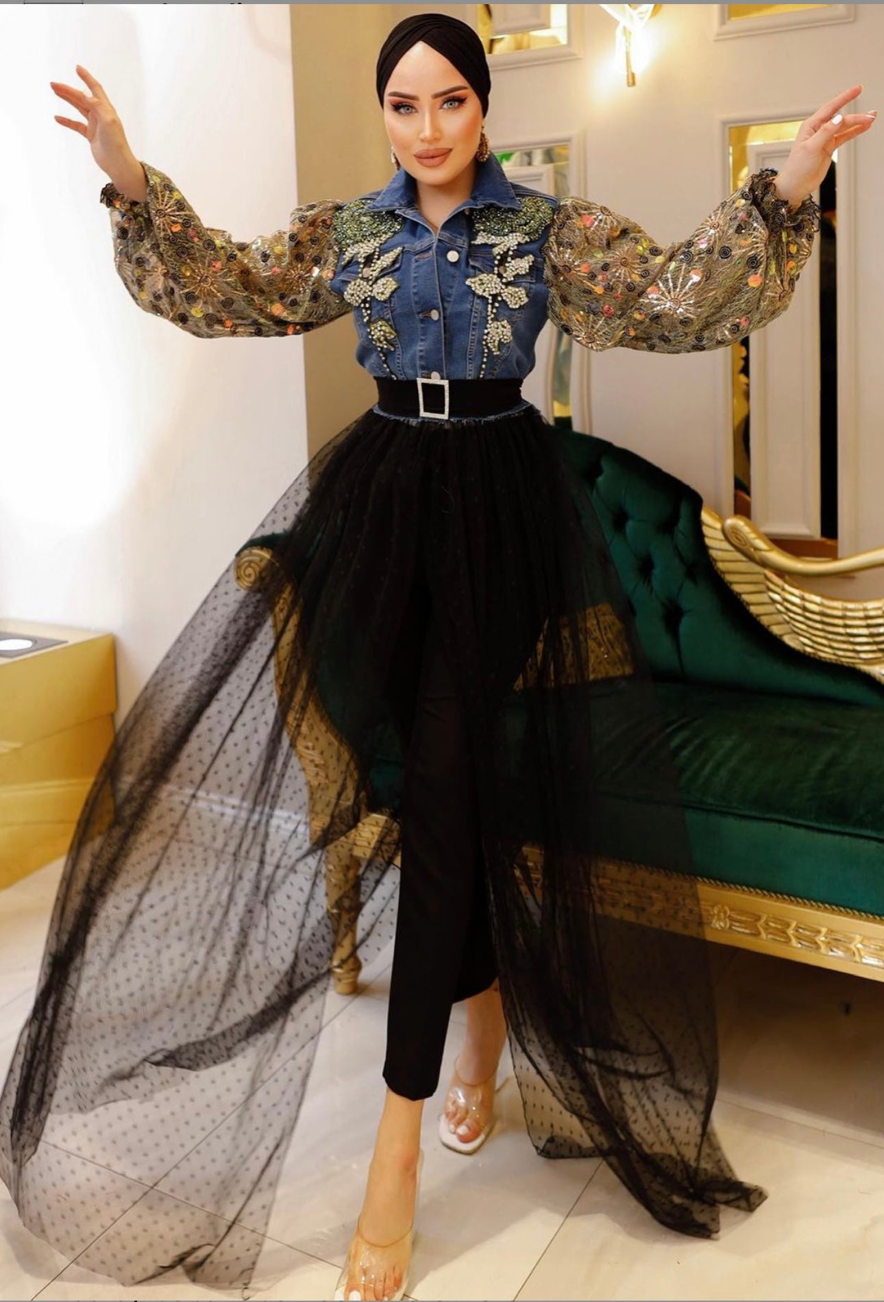 Green Fully Hand-Woven Stone Denim Jacket With Chiffon Sleeves + Attached Lace Skirt + Crystal Belt