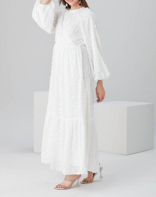 White Patterned Lined Chiffon Dress With Puff Sleeves