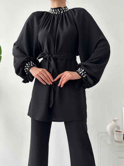 Black Summer Suit Set: Tunic With Crystals On The Shoulder & Sleeves + Pants Belt