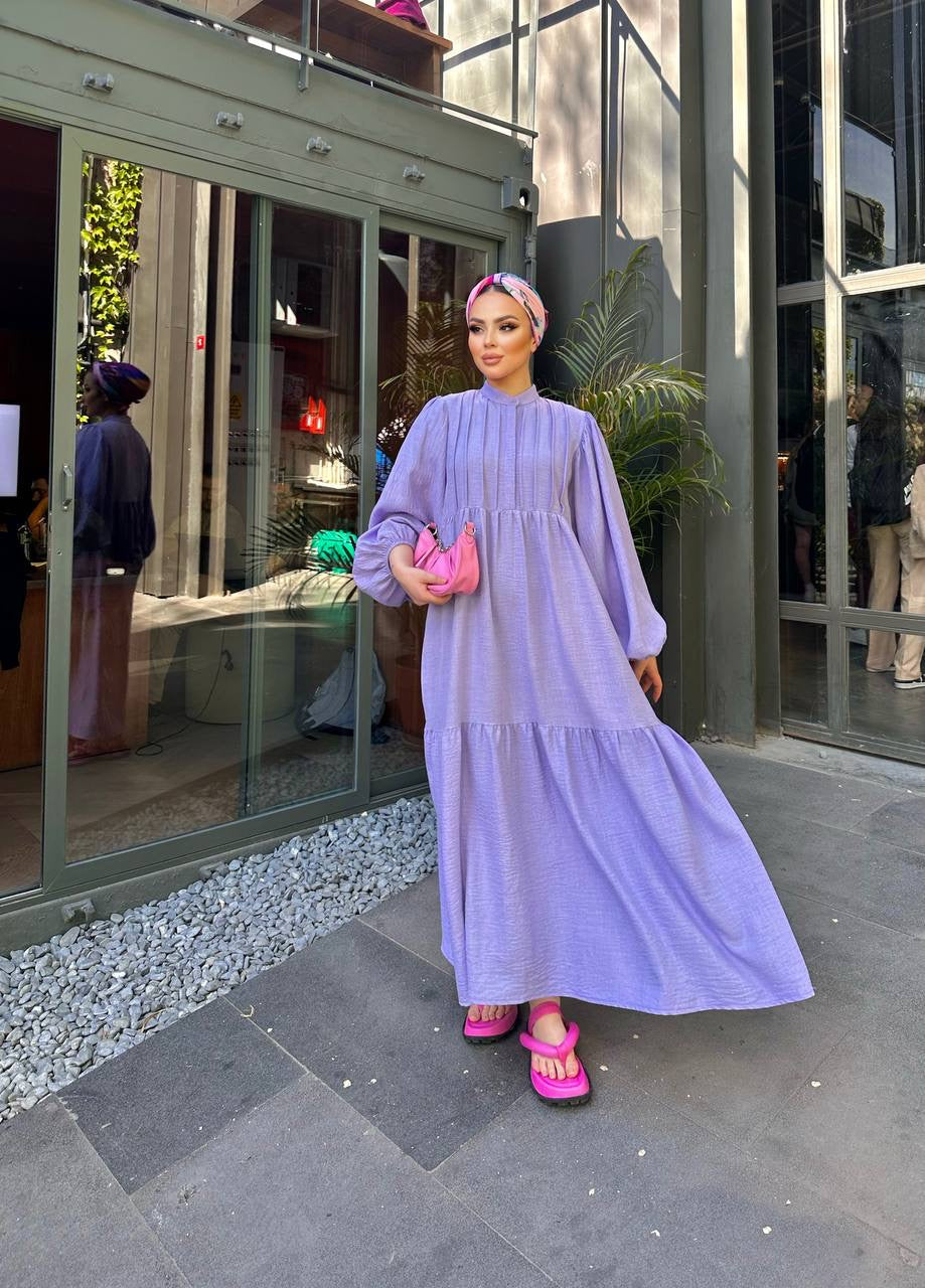 Purple Plain Dress With Puff Sleeves