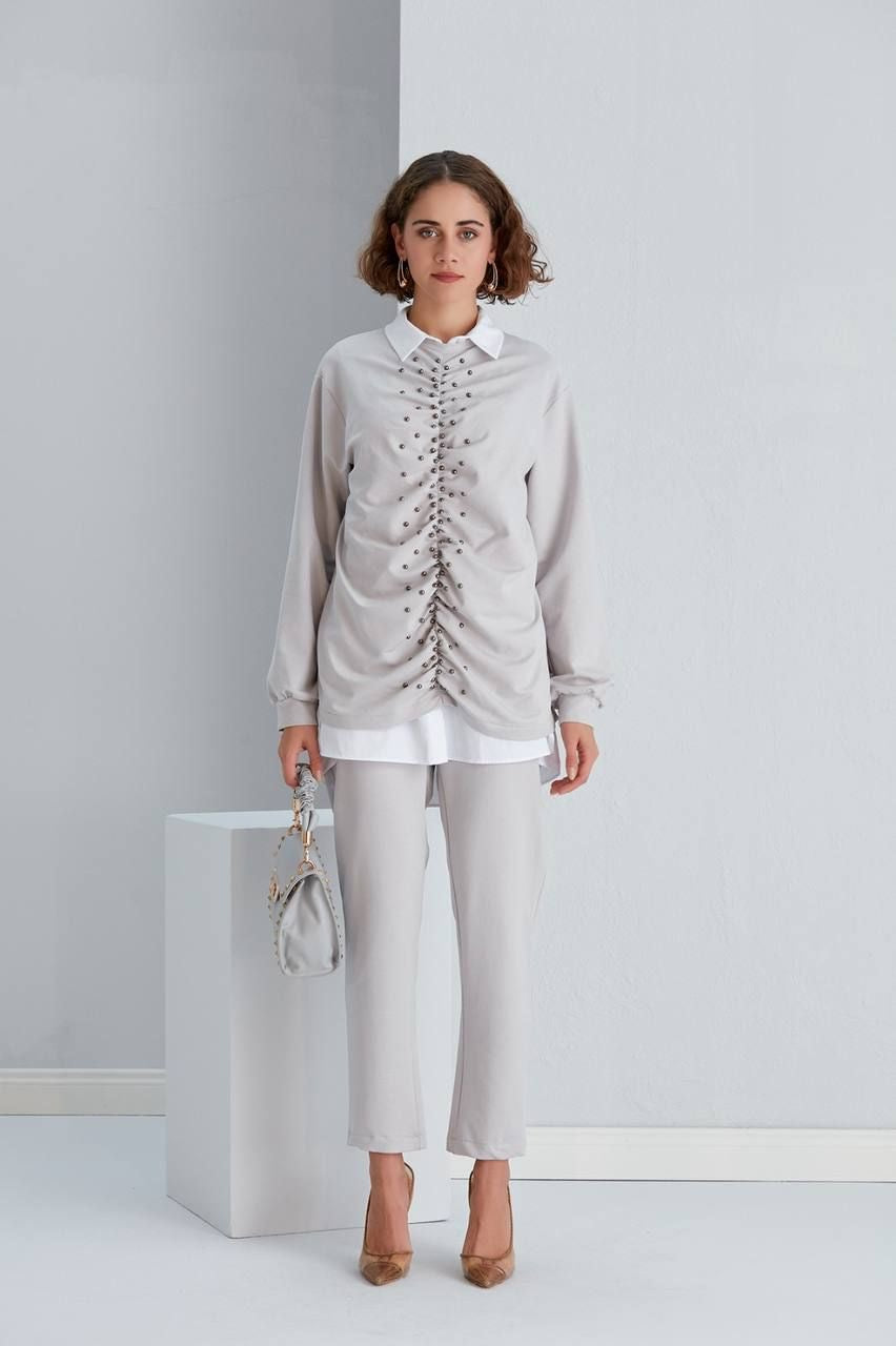 Grey Three-Piece Set: Hand-Beaded Tunic + No Sleeves White Shirt + Pants