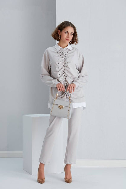 Grey Three-Piece Set: Hand-Beaded Tunic + No Sleeves White Shirt + Pants