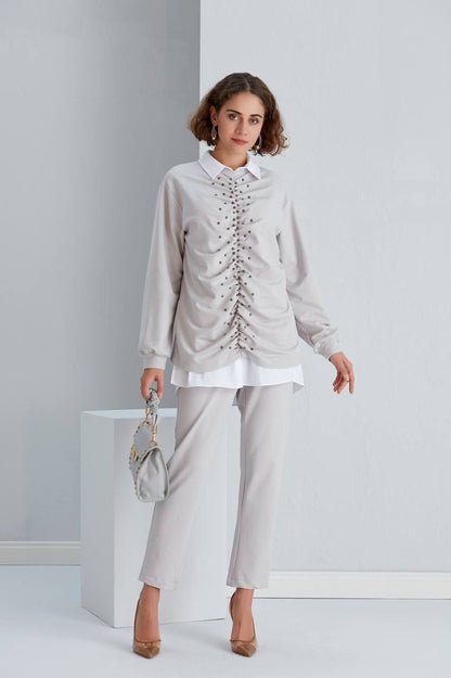 Grey Three-Piece Set: Hand-Beaded Tunic + No Sleeves White Shirt + Pants