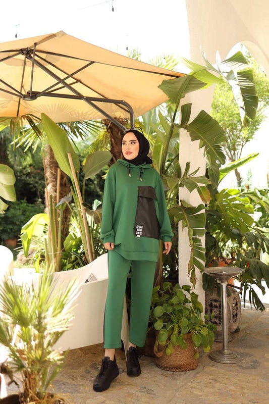 Suit Set: Green Cardigan + Wide Leg Pants With Leather On The Sides