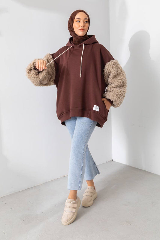 Brown Coffee Hoodie With Wool Sleeves