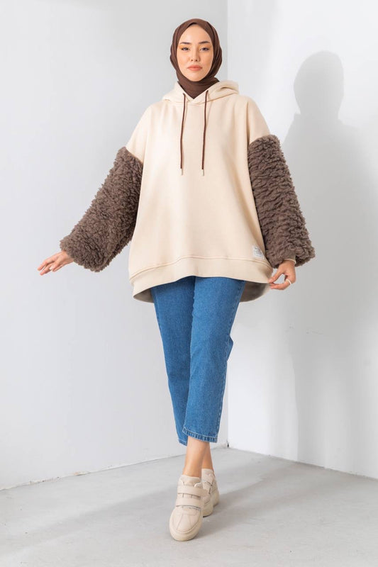 Beige Hoodie With Wool Sleeves