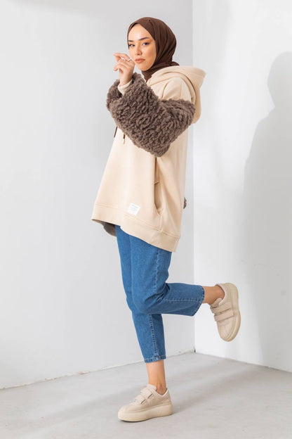 Beige Hoodie With Wool Sleeves