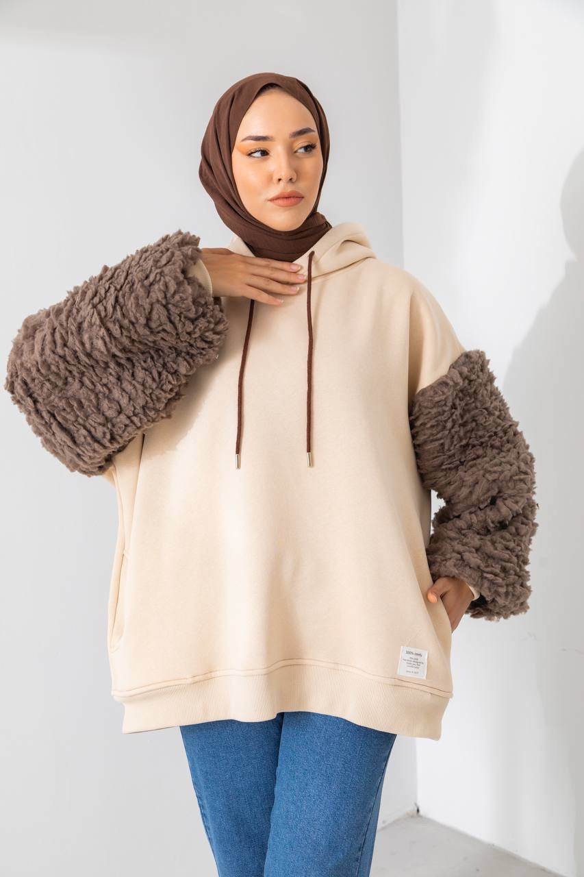 Beige Hoodie With Wool Sleeves