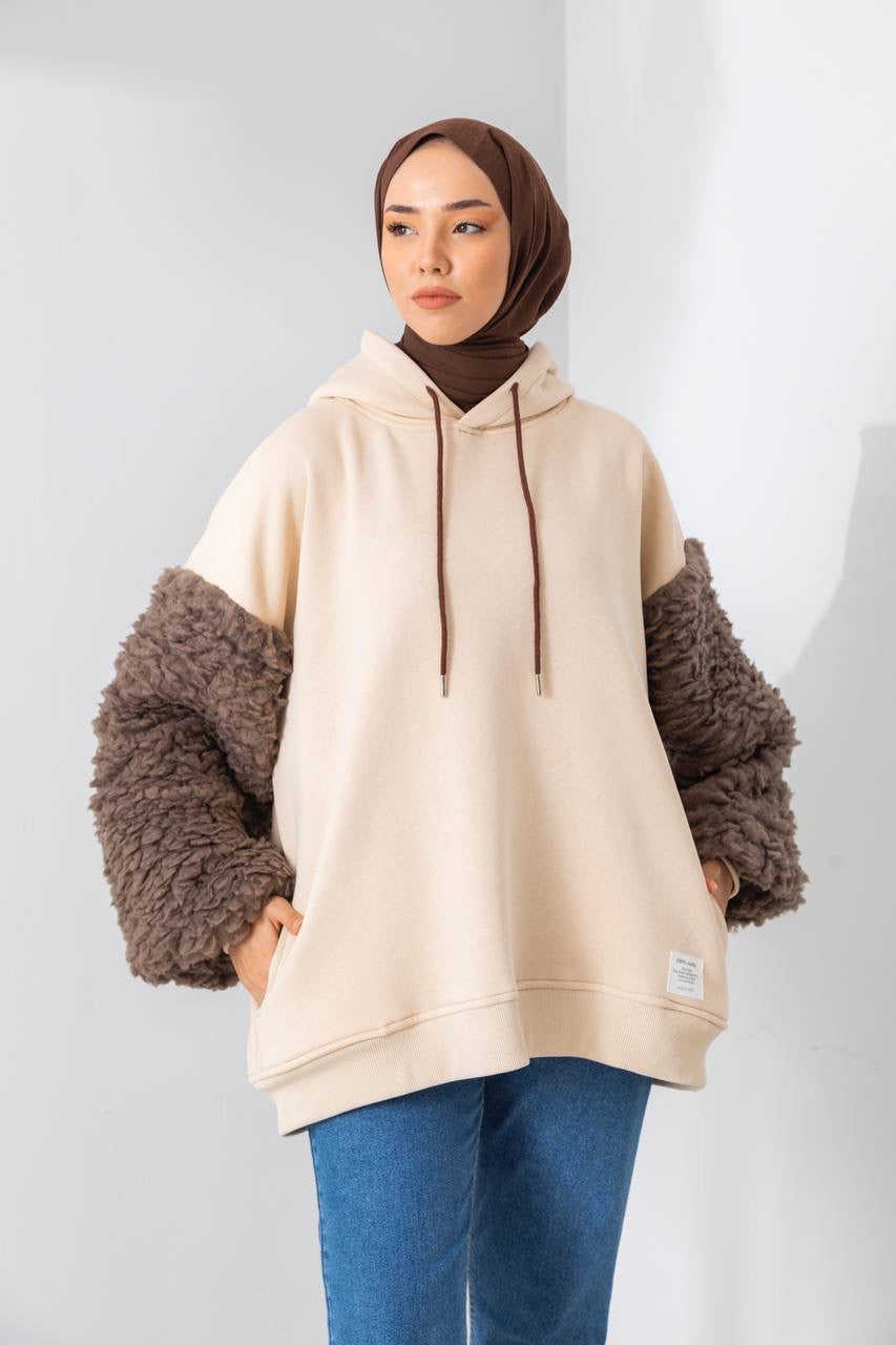 Beige Hoodie With Wool Sleeves