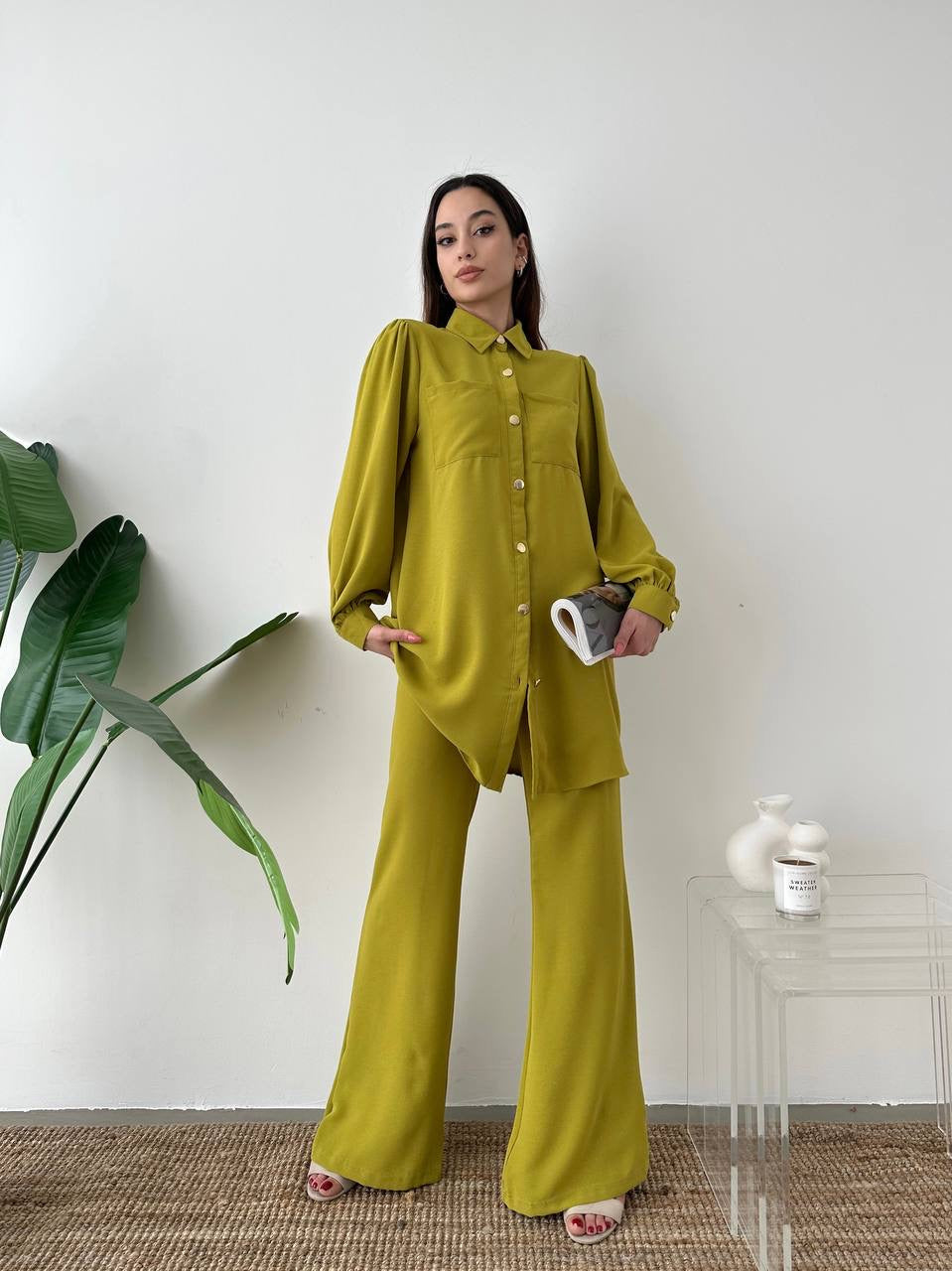 Mustard Yellow Summer Suit Set: Buttoned Tunic + Wide Leg Pants