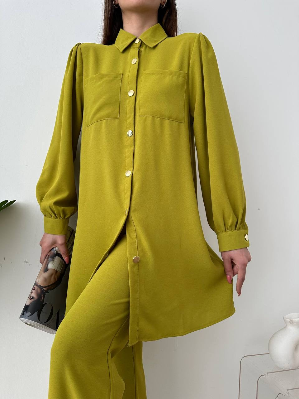 Mustard Yellow Summer Suit Set: Buttoned Tunic + Wide Leg Pants