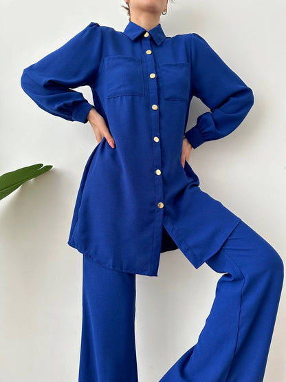 Blue Summer Suit Set: Buttoned Tunic + Wide Leg Pants