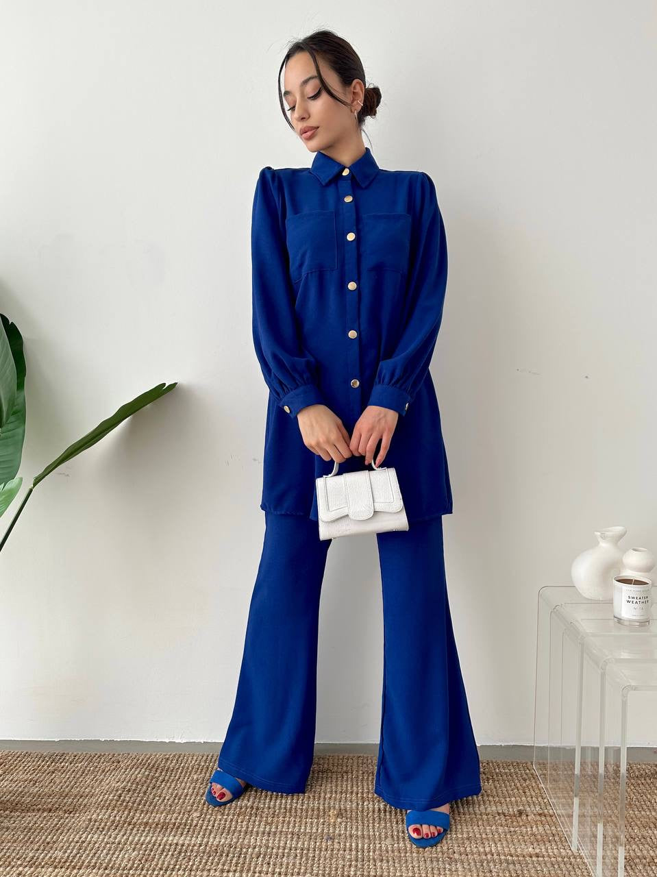 Blue Summer Suit Set: Buttoned Tunic + Wide Leg Pants